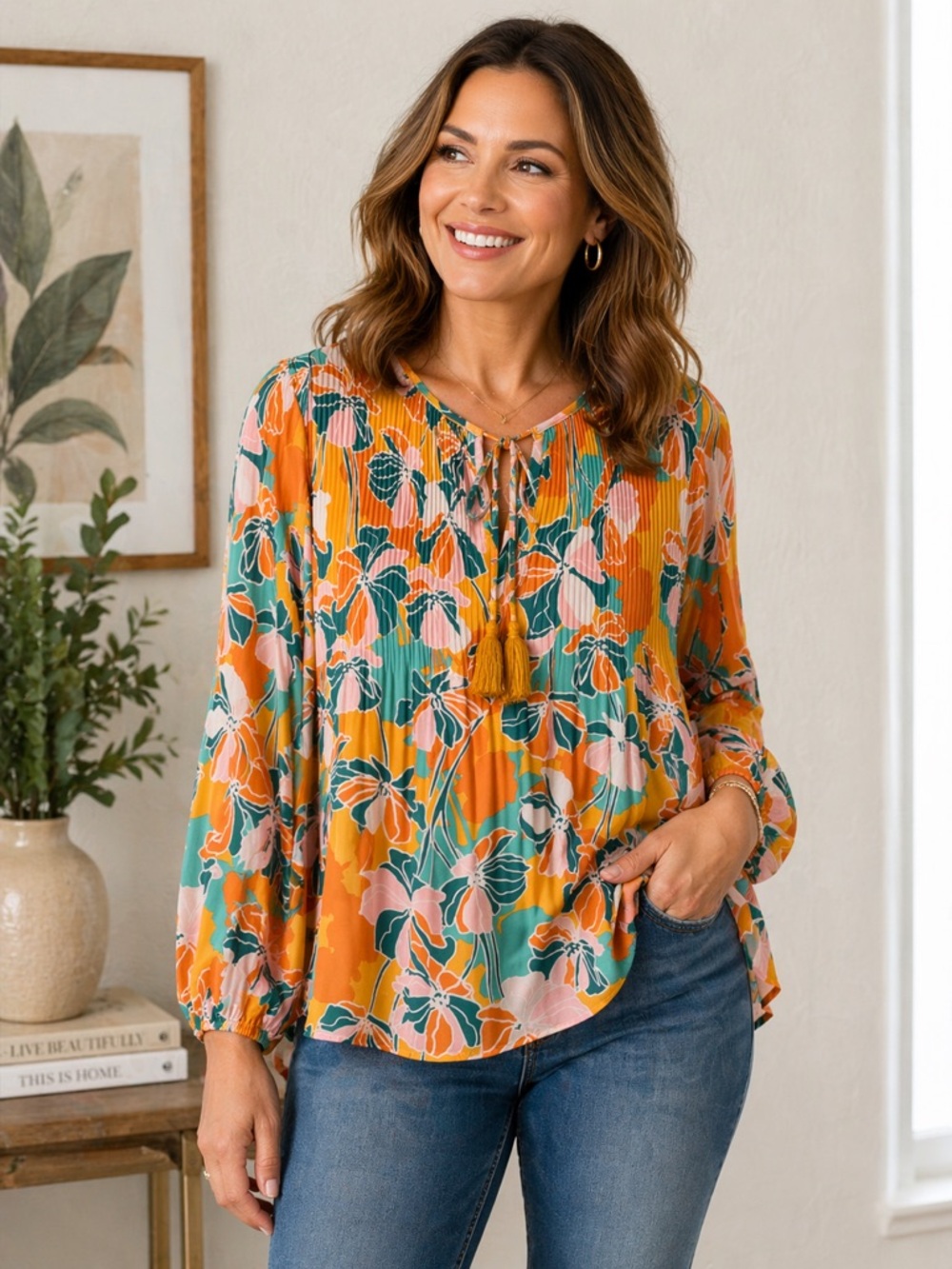 NEW DR2 Floral Boho Blouse Tie Neck Long Sleeve Flowy Colorful Retro Artsy Small
